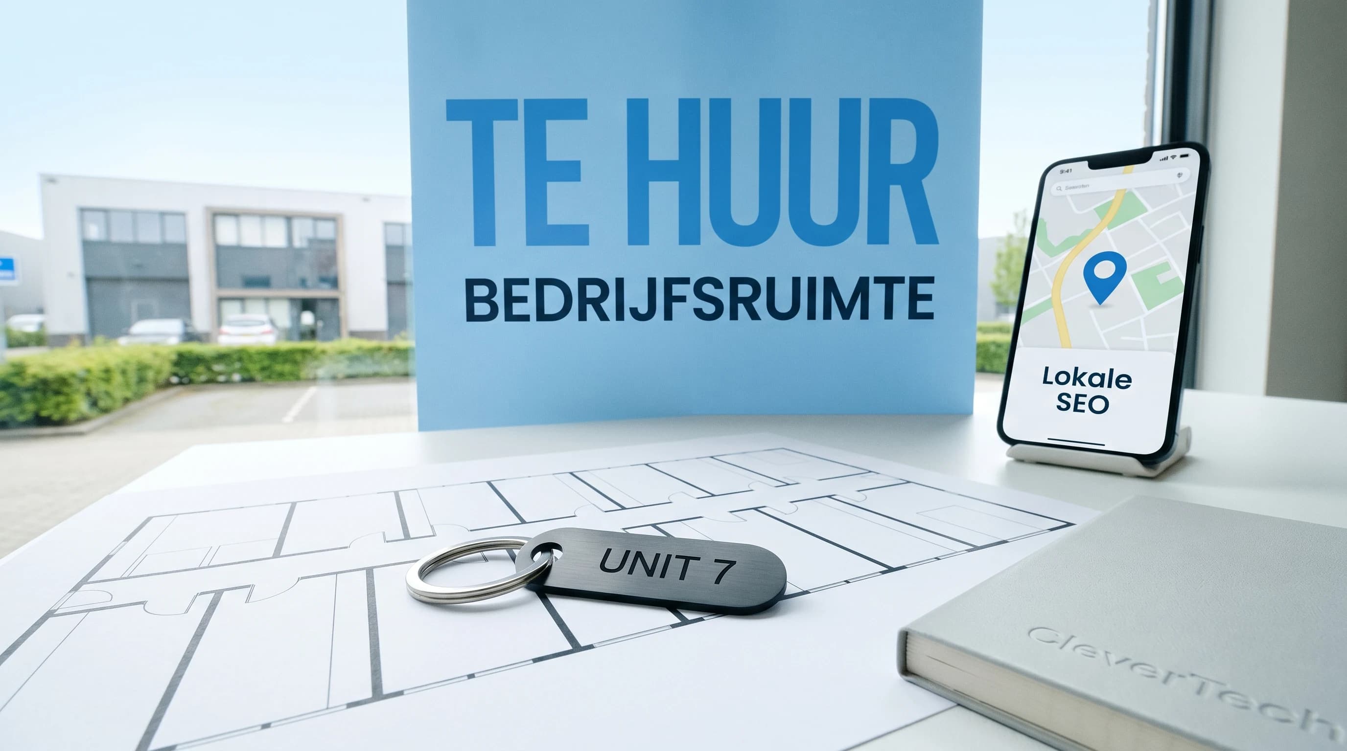 Illustratief: generiek modern bedrijfspand met parkeerterrein en groen — beeld bij de case over lokale vindbaarheid voor Business Center Altena