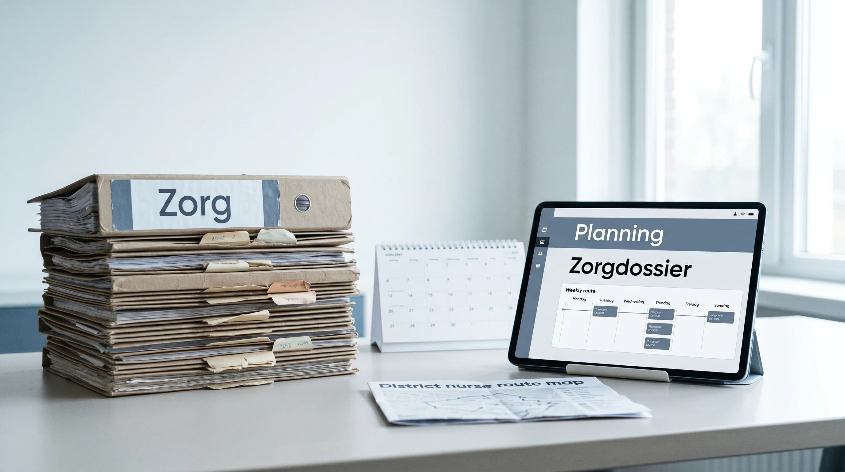 Illustratief: lichte zorgomgeving met abstract planningsscherm — beeld bij de modernisering van een thuiszorg-platform met Nourish-koppeling