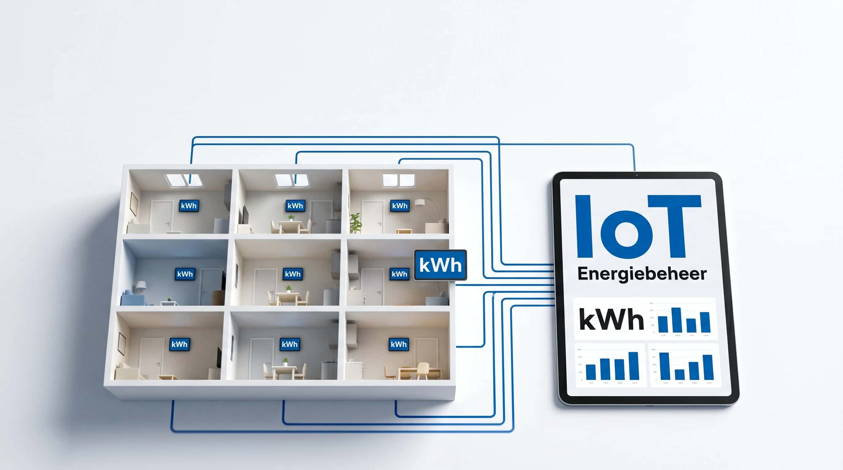 Illustratief: maquette van negen woningen met elk een kWh-label, verbonden met een tablet vol energieverbruiksgrafieken