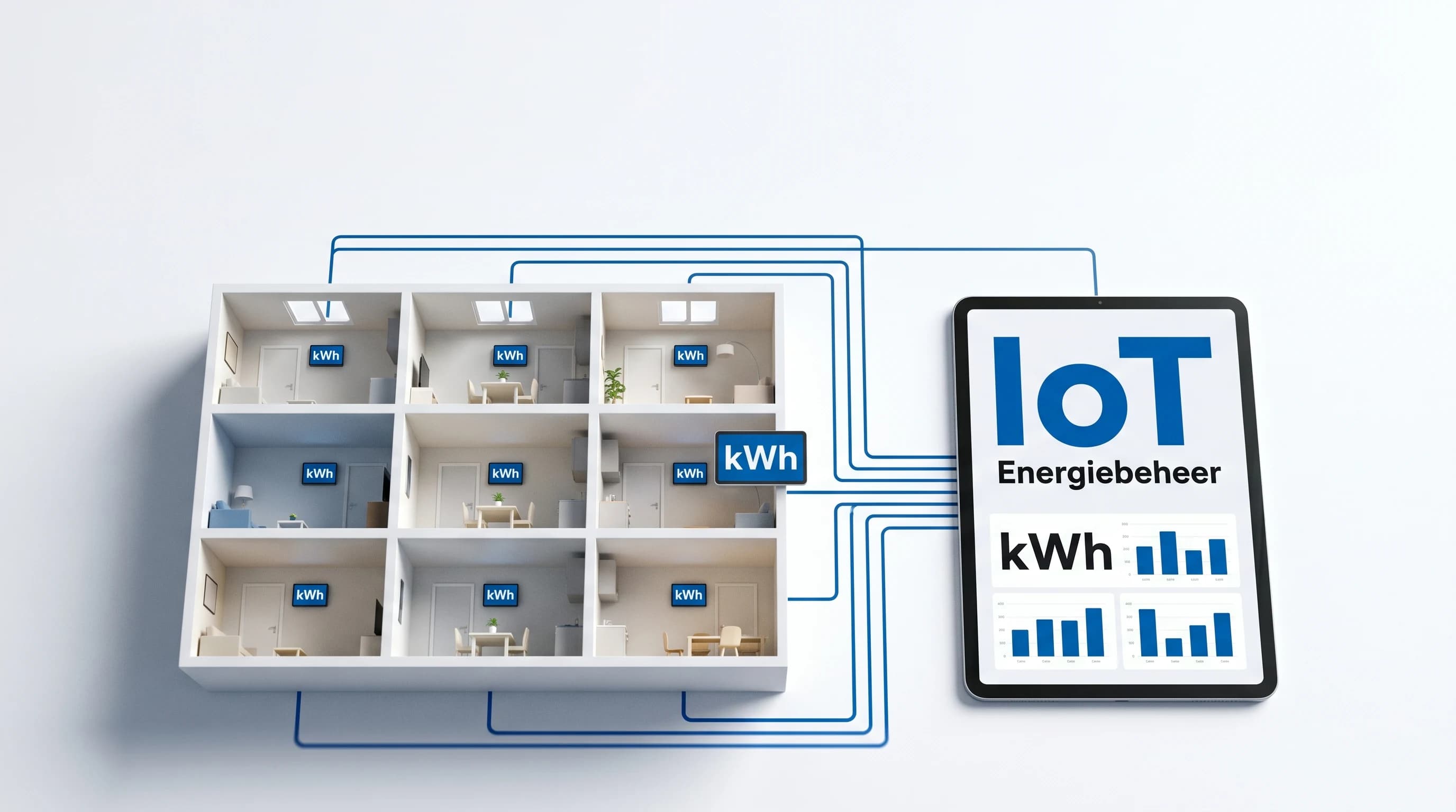 Illustratief: lichte huurwoning met slim energiedisplay aan de wand — beeld bij het huurdersportaal met IoT-energiemonitoring