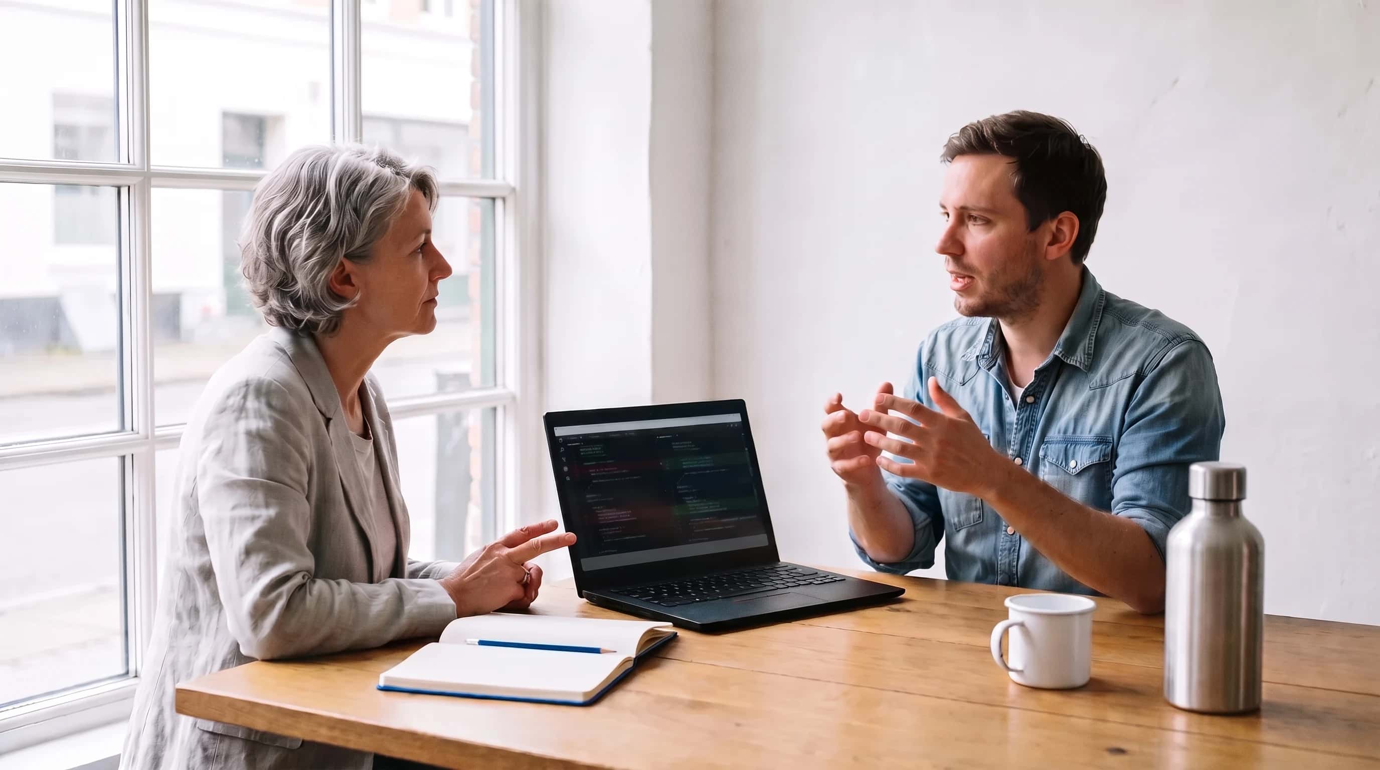 Twee mensen in gesprek aan een houten tafel bij het raam, tussen hen een laptop met een donkere code-editor, een opengeslagen notitieboek en een mok